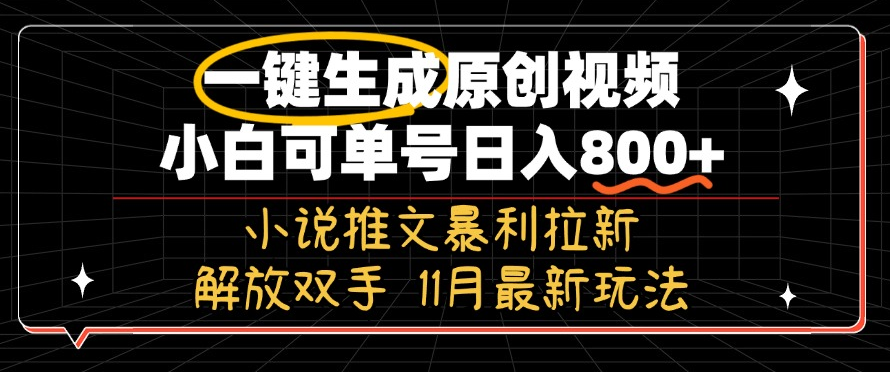 11月最新玩法小说推文暴利拉新，一键生成原创视频，小白可单号日入800+【项目拆解】